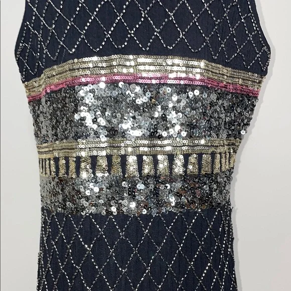 Suzy Sheer Black and Gold Embellished Sequin Cocktail Dress Size Small - Picture 3 of 10